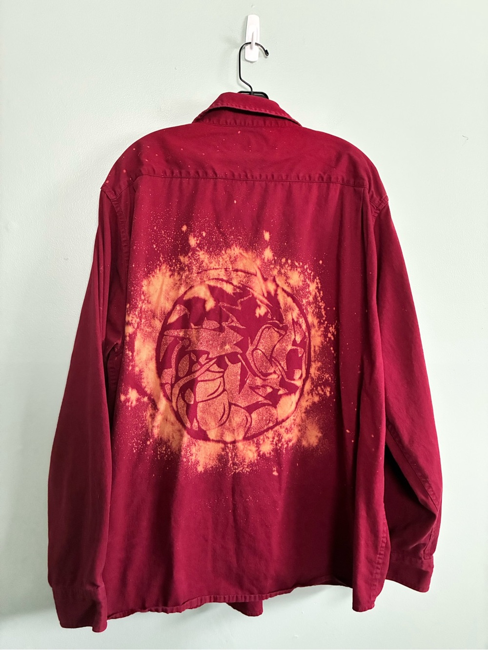 Upcycled Bleached Pokémon Shiny Gyrados Men's Sz 2XL Maroon Twill Button Up